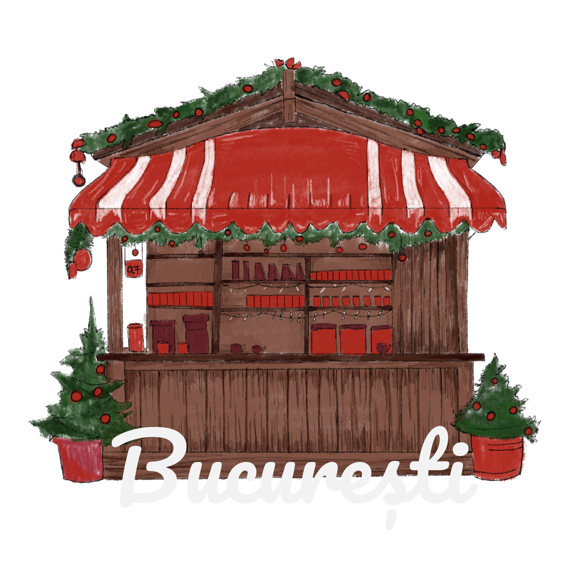 Ilustrație a standului de Crăciun O Cană de Fericire din București, parte din inițiativa festivă care aduce bucurie și sprijină comunitățile locale.